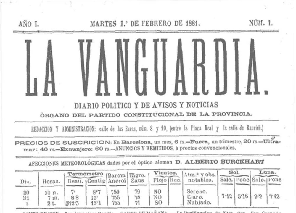 Portada del primer exemplar de La Vanguardia (1881)